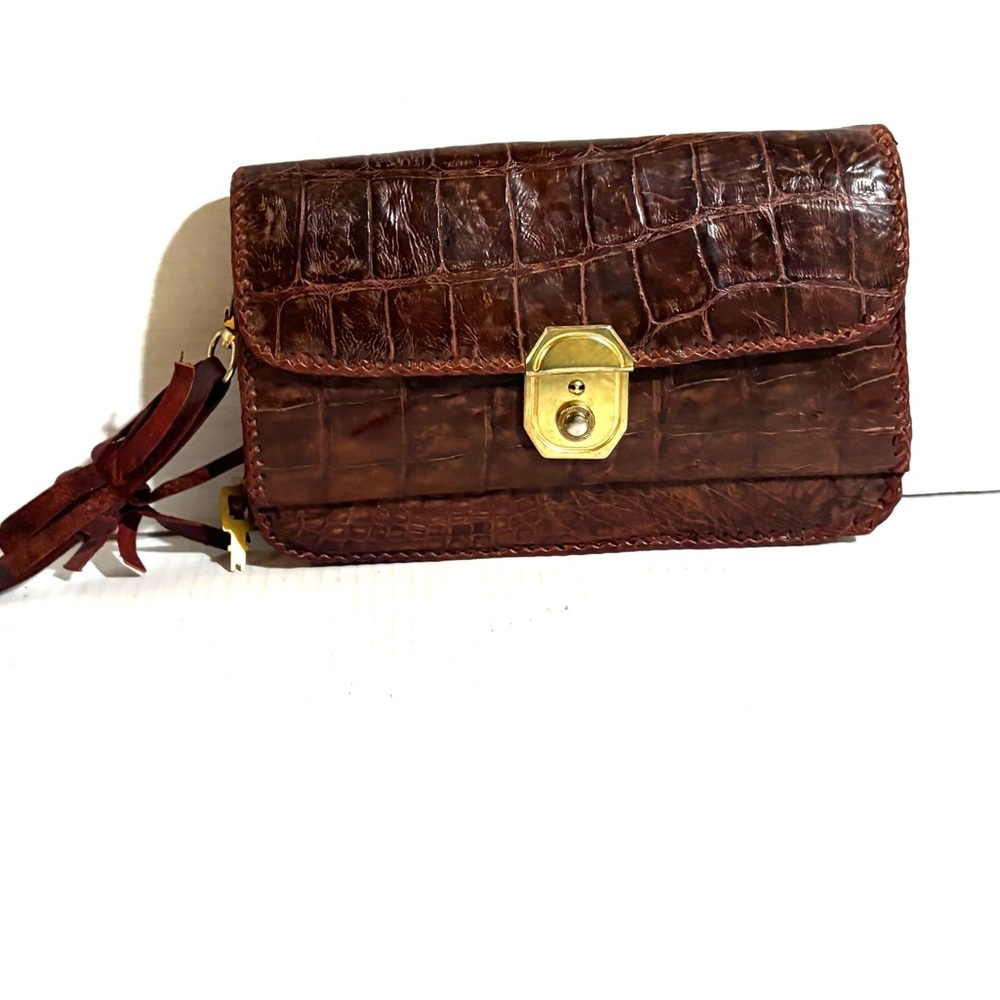 Handmade unisex handmade brown crocodile leather wristlet with push lock